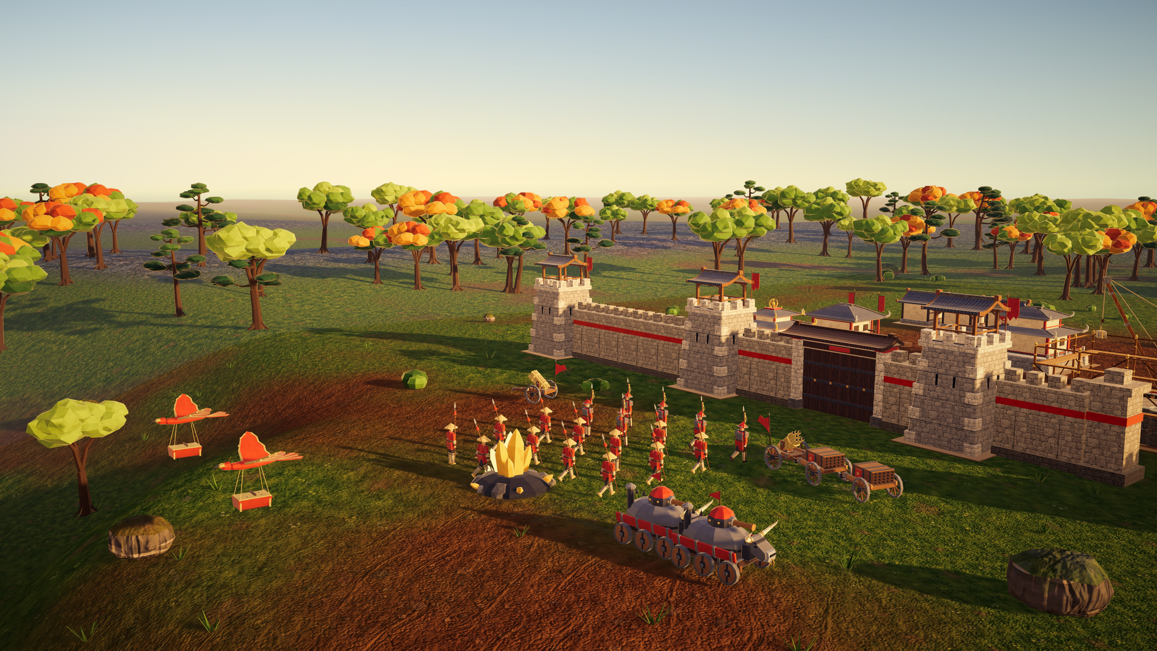 A red army and armoured vehicles gather outside an eastern-inspired stone stronghold.