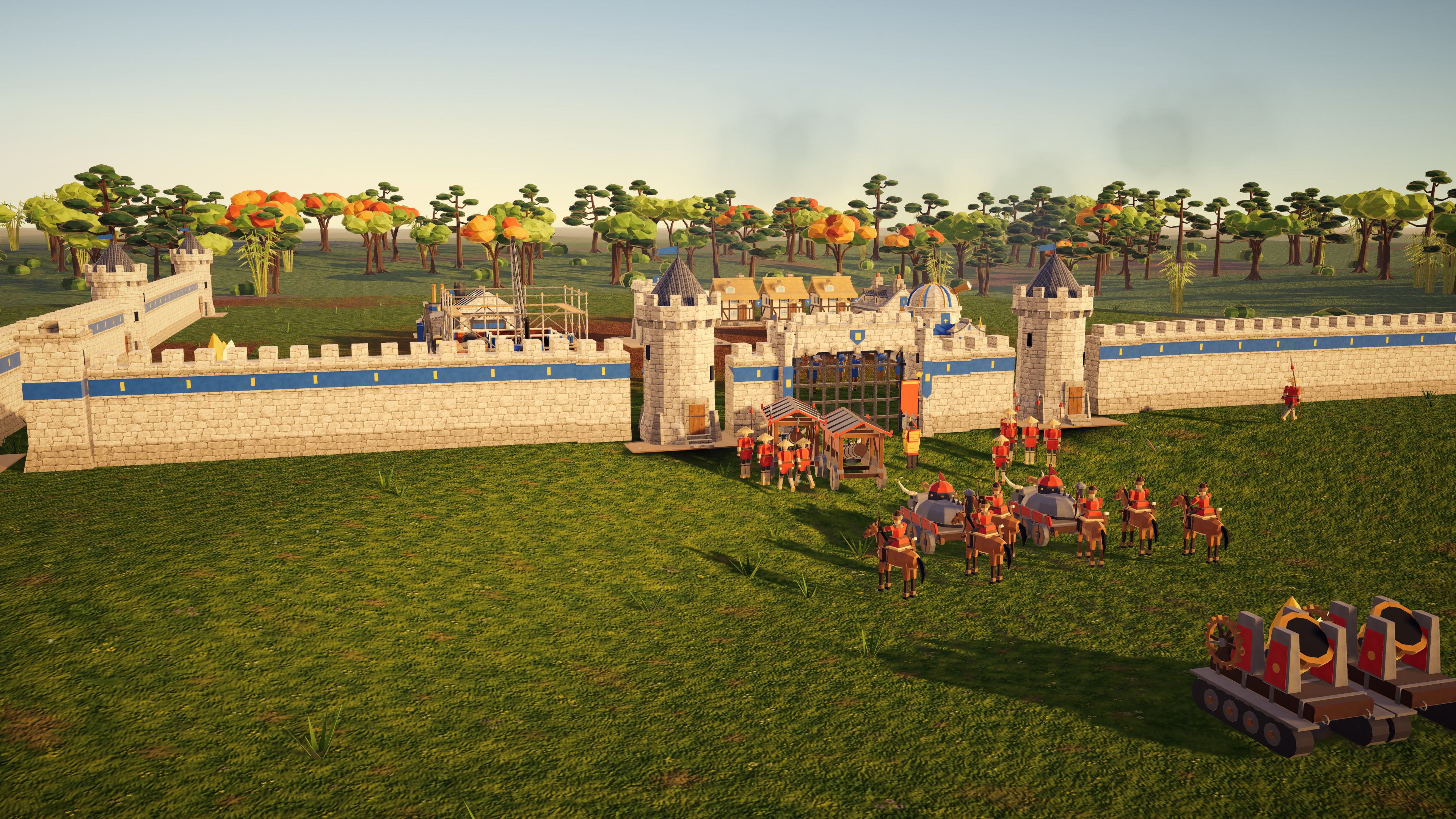 Red infantry, cavalry and siege engines assemble outside a blue stone fortress at sunset.