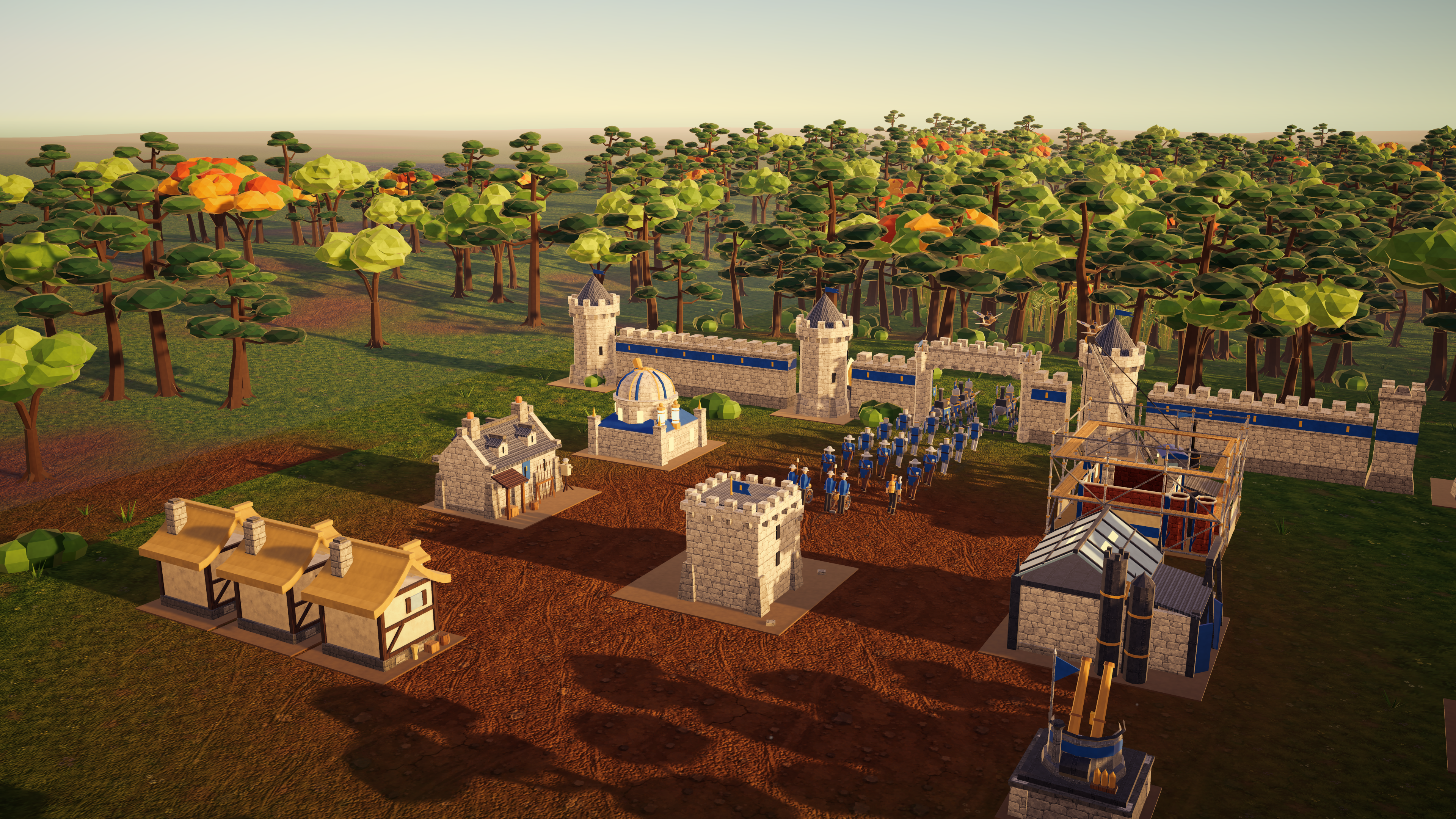 A blue army forms inside a forest fortress with towers and buildings under construction.